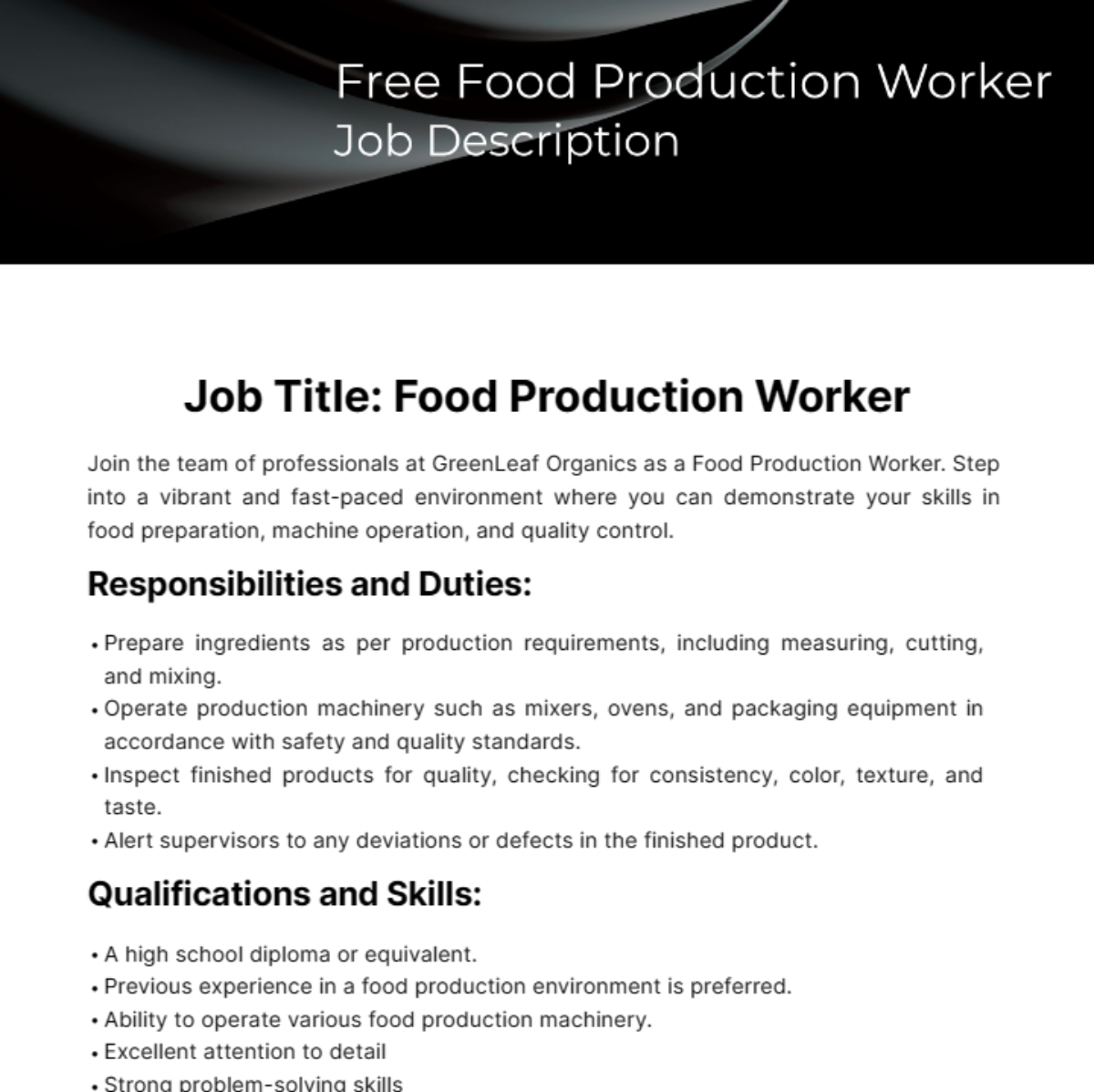 Free Food Production Worker Job Description Template