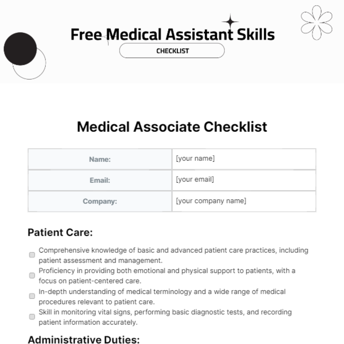 Free Medical Assistant Skills Checklist Template