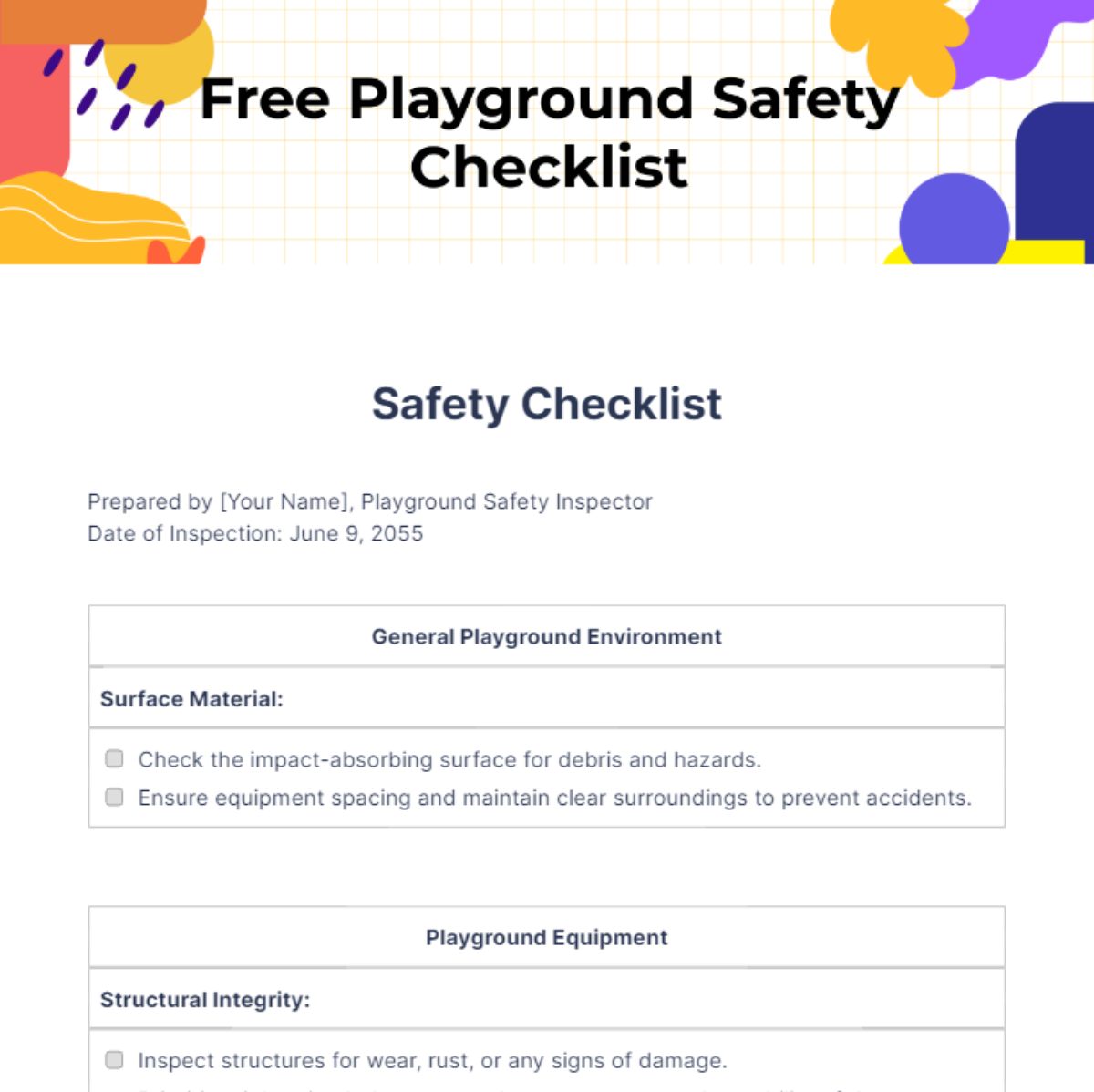 Playground Safety Checklist Template