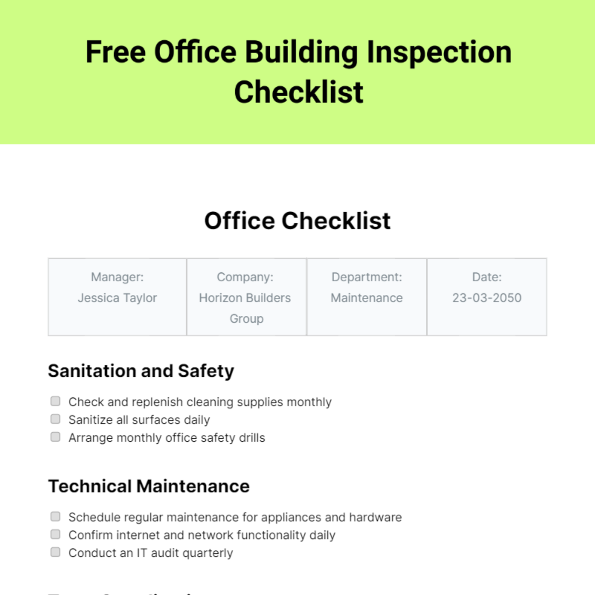 Office Building Inspection Checklist Edit Online Download Example