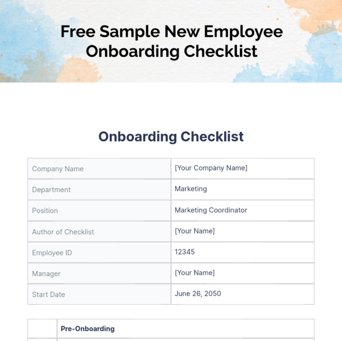 Sample New Employee Onboarding Checklist Template