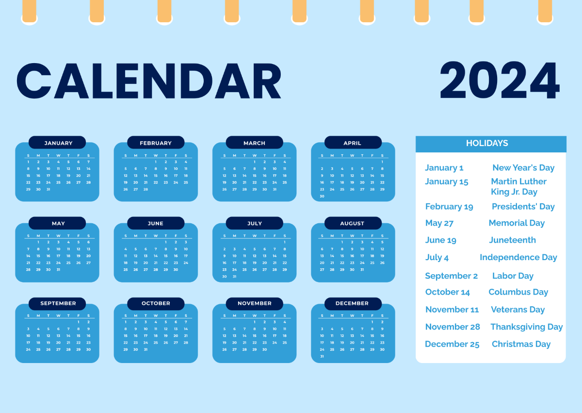 Calendar 2024 With Holidays Template