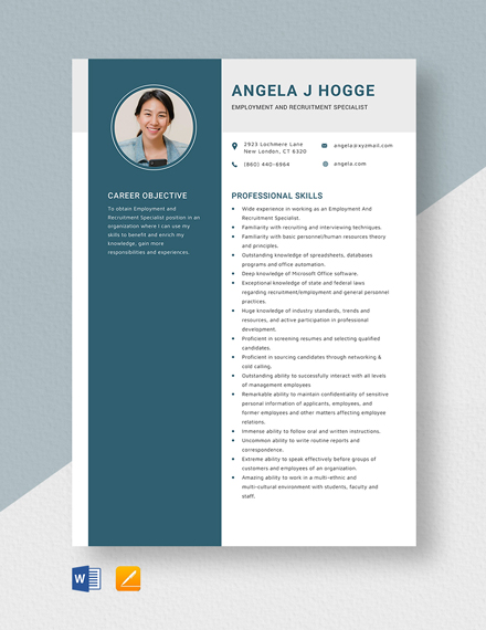 Employment and Recruitment Specialist Resume Template - Word, Apple Pages