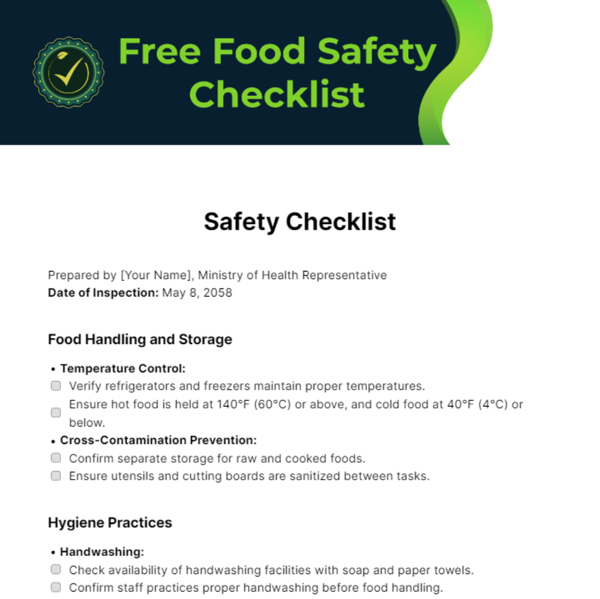Free Food Safety Checklist Template
