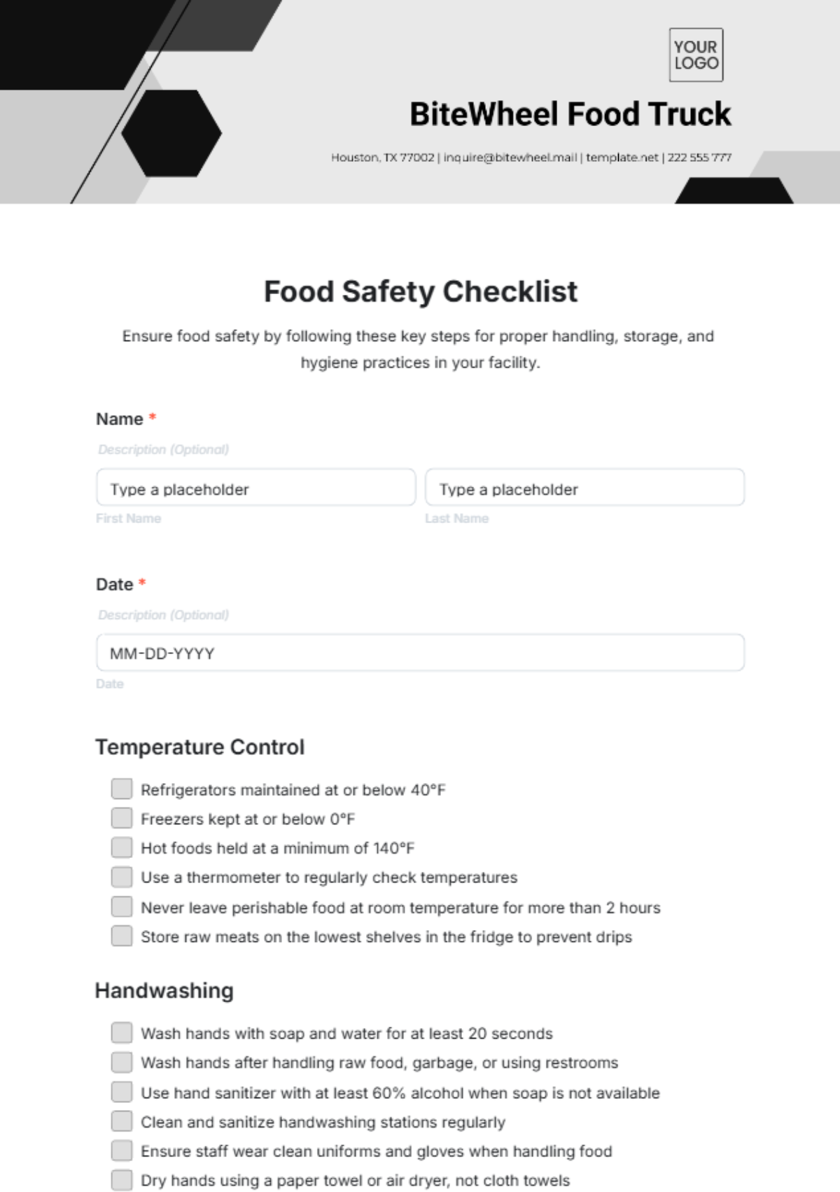 Food Safety Checklist Template - Edit Online & Download