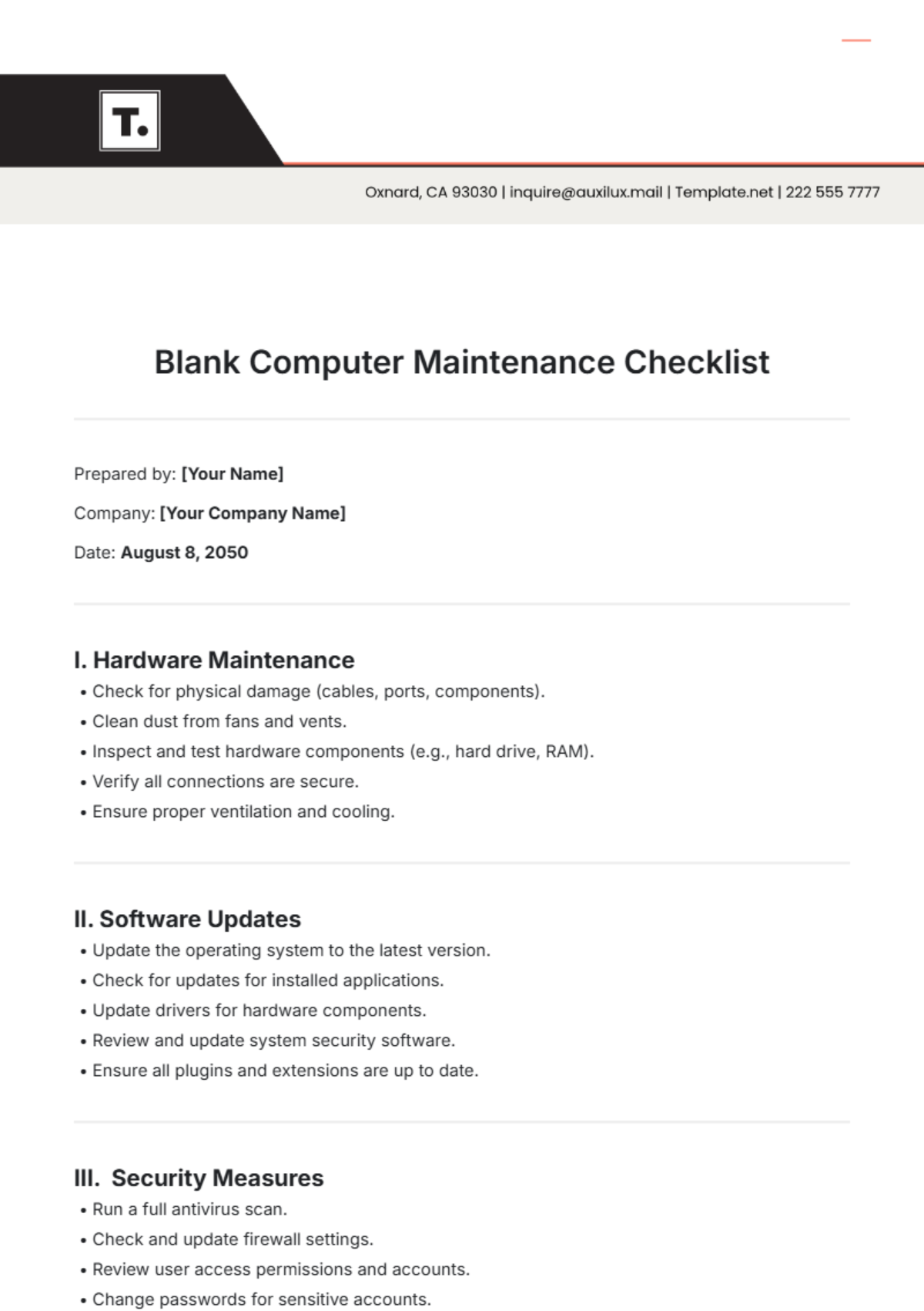 Blank Computer Maintenance Checklist Template - Edit Online & Download