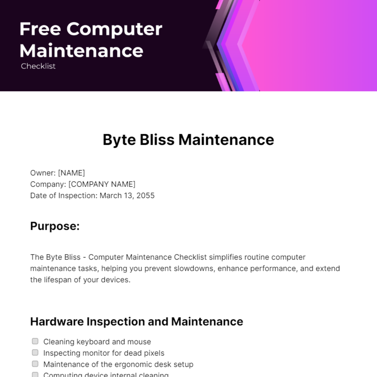 Computer Maintenance Checklist Template