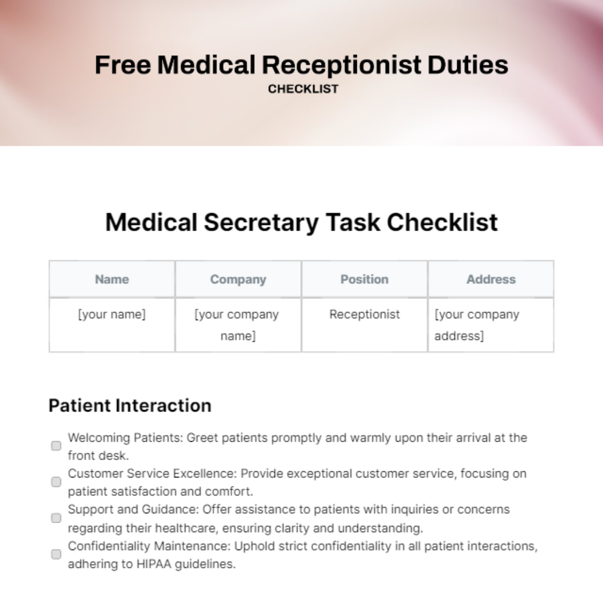 Free Medical Receptionist Duties Checklist Template