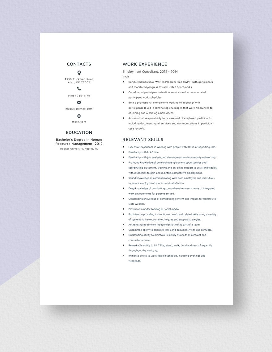 Employment Consultant Resume