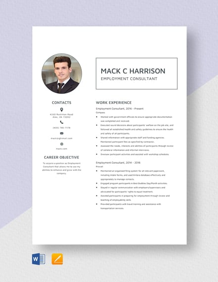 Employment Consultant Resume Template - Word, Apple Pages