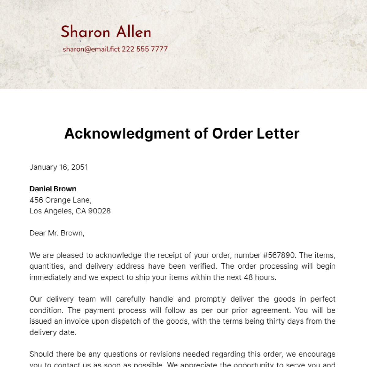 Free Acknowledgement of Order Letter Template