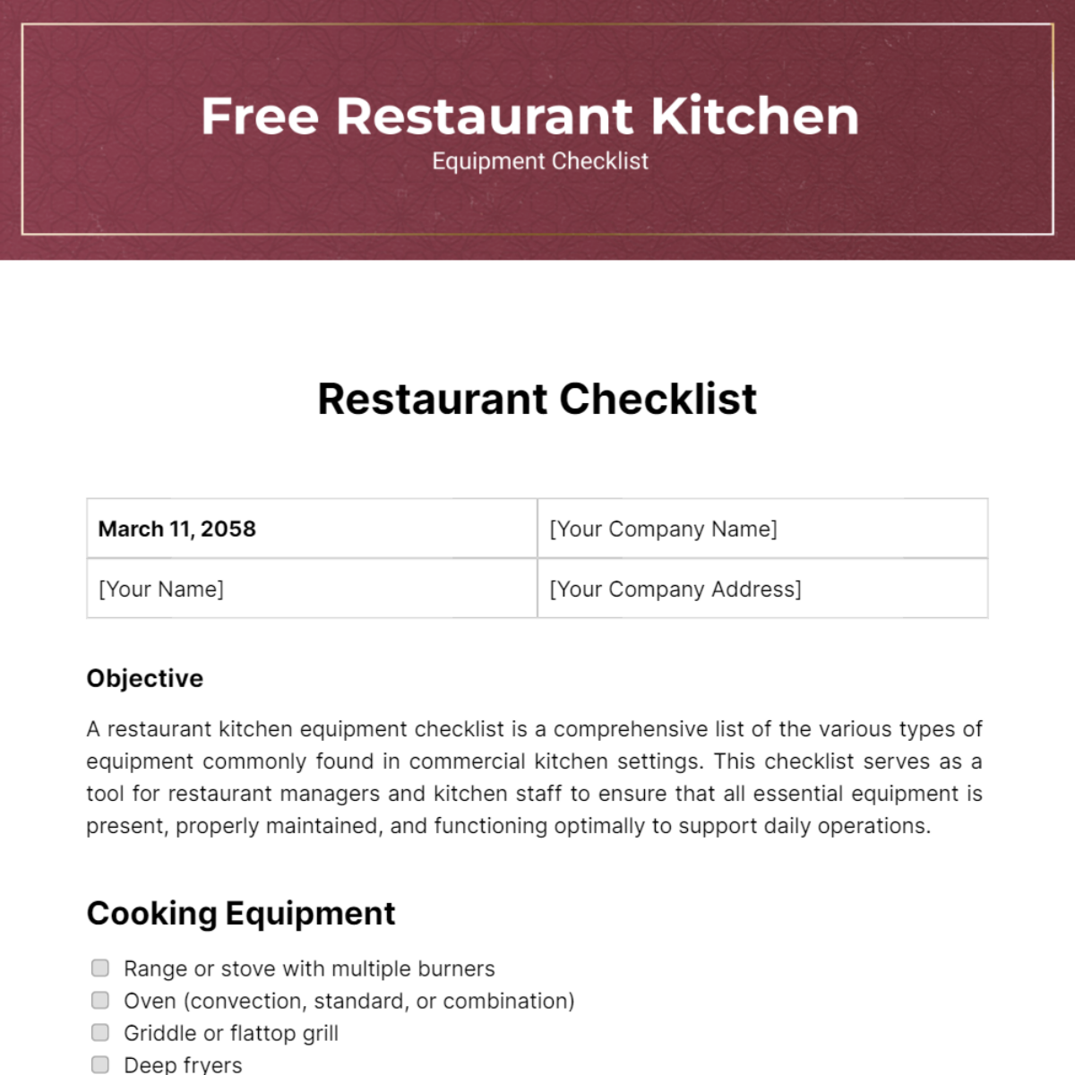 Restaurant Kitchen Equipment Checklist Template