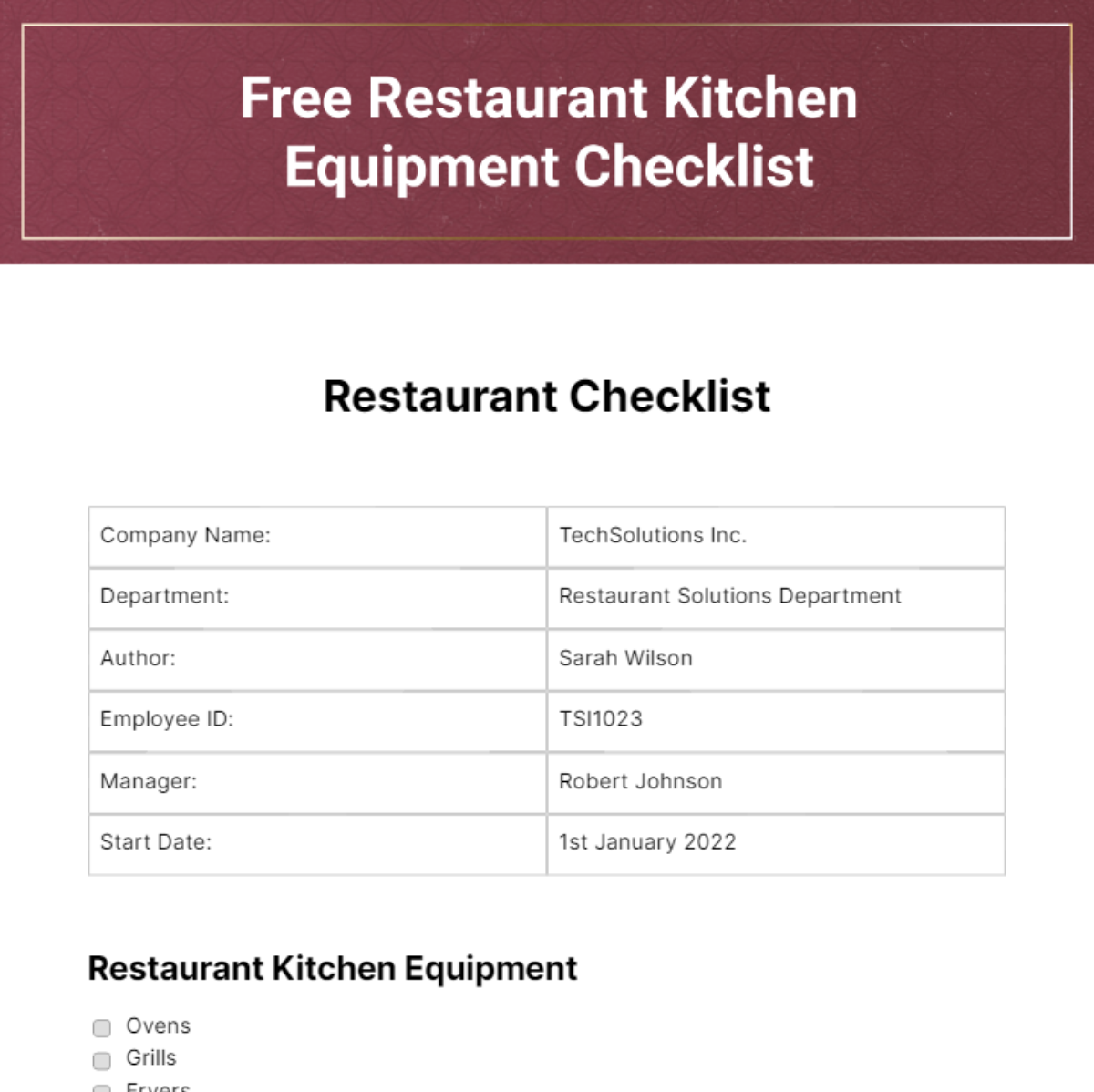 Restaurant Kitchen Equipment Checklist