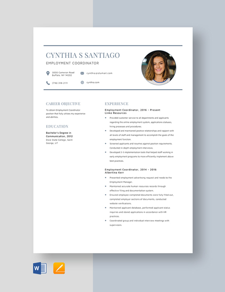 Free Employment Coordinator Resume Template - Word, Apple Pages