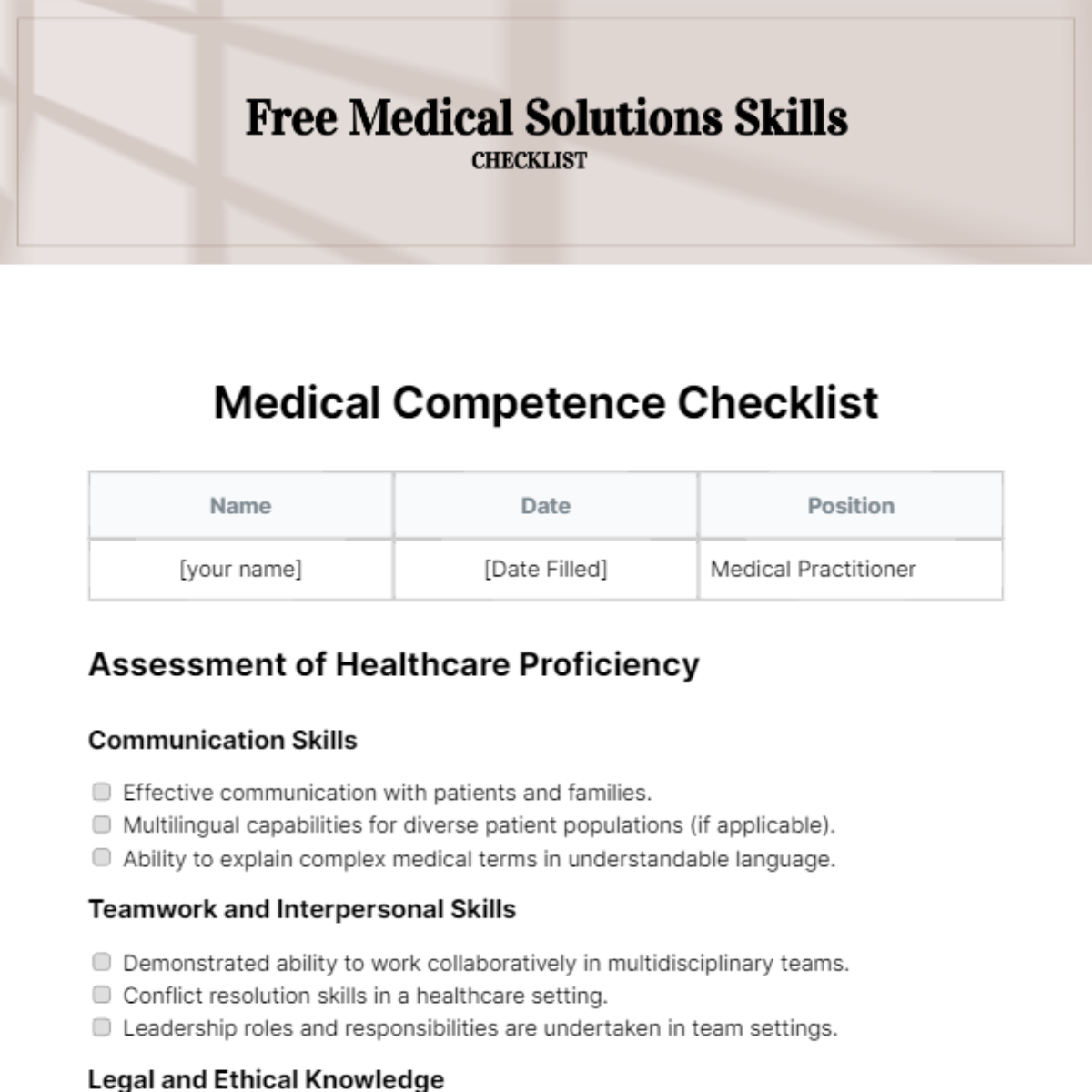 Medical Solutions Skills Checklist Template