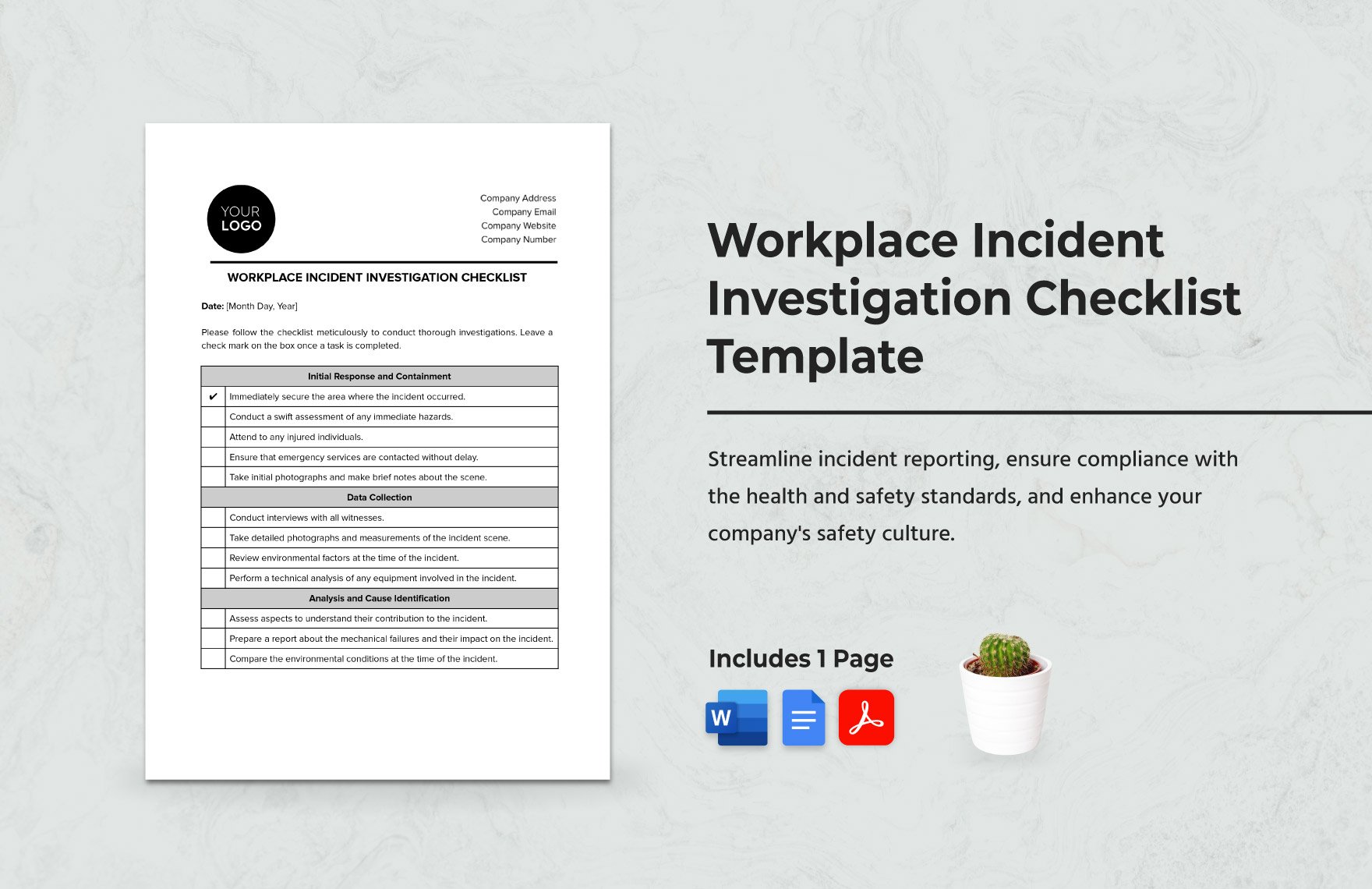 Workplace Incident Investigation Checklist Template in Word, Google Docs, PDF