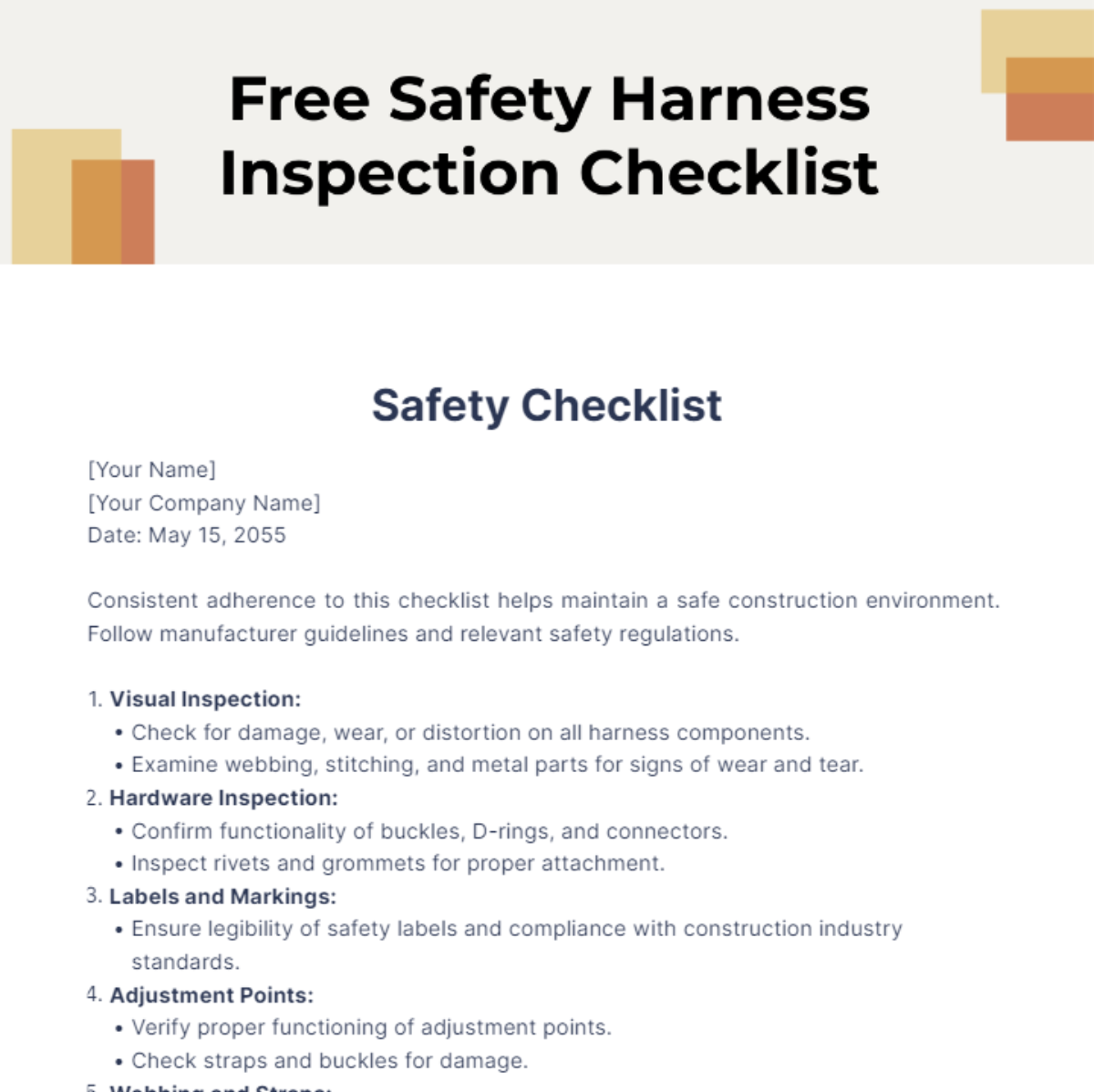 Safety Harness Inspection Checklist Template Edit Online And Download Example 9984