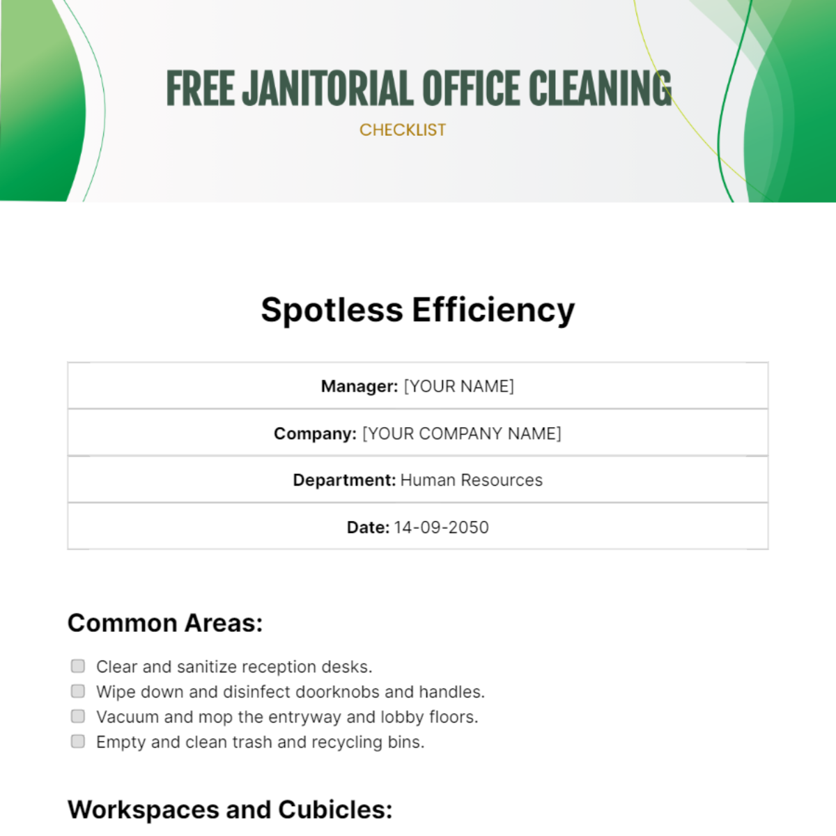 Janitorial Office Cleaning Checklist Template