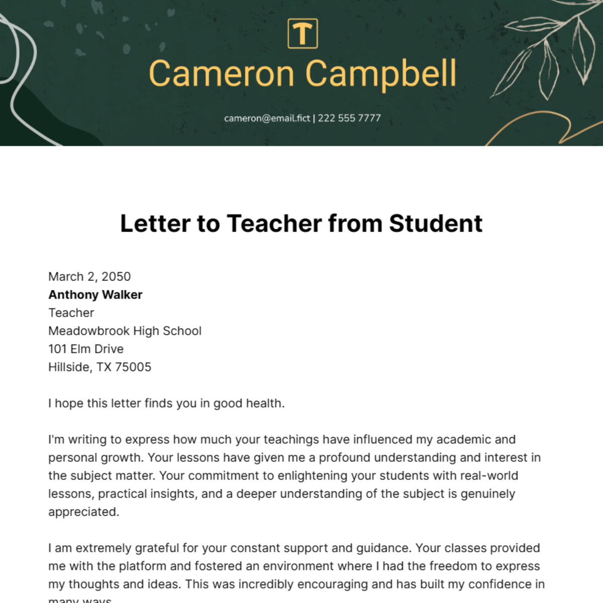 Letter to Teacher from Student Template