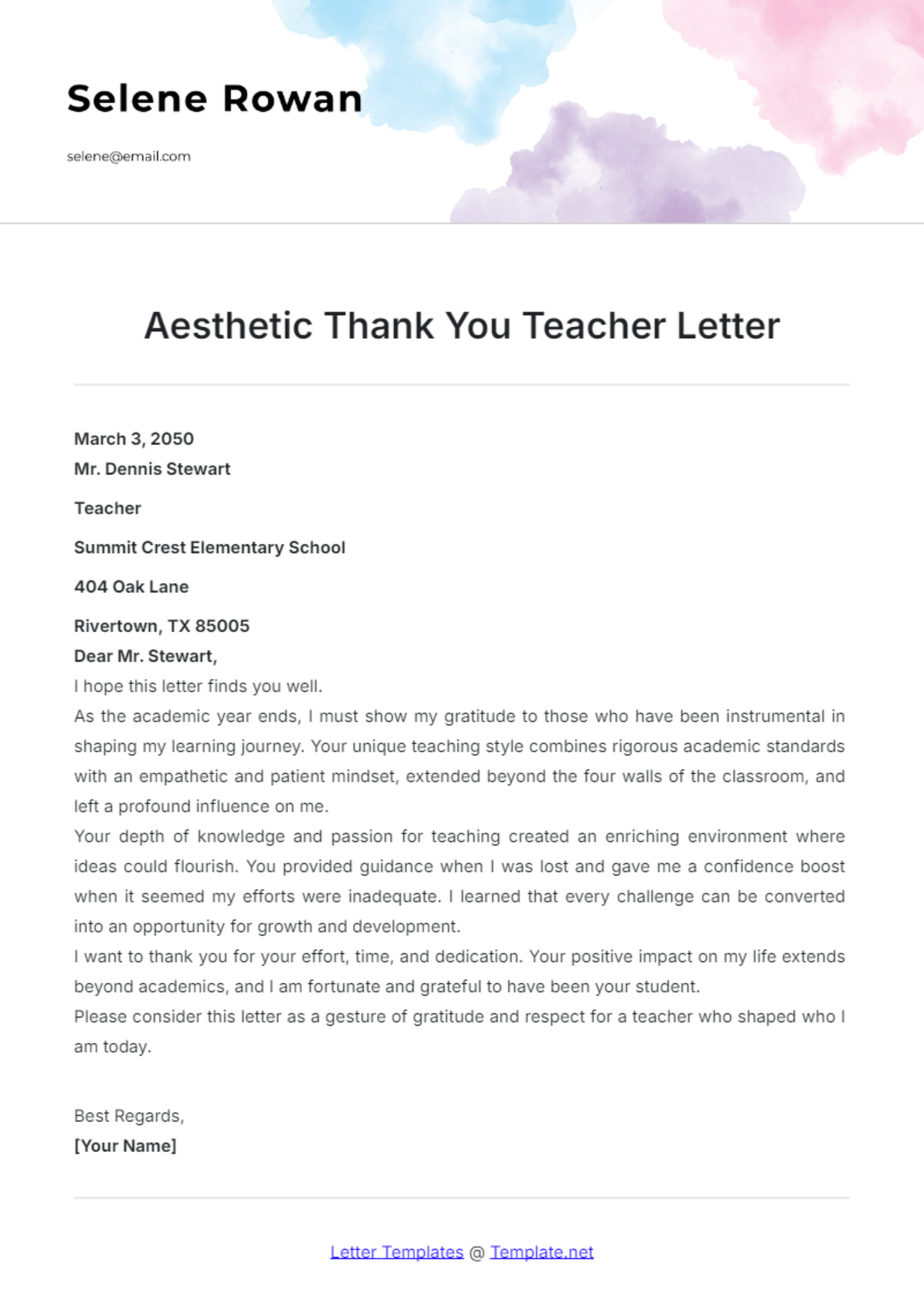 Aesthetic Thank You Teacher Letter Template - Edit Online & Download