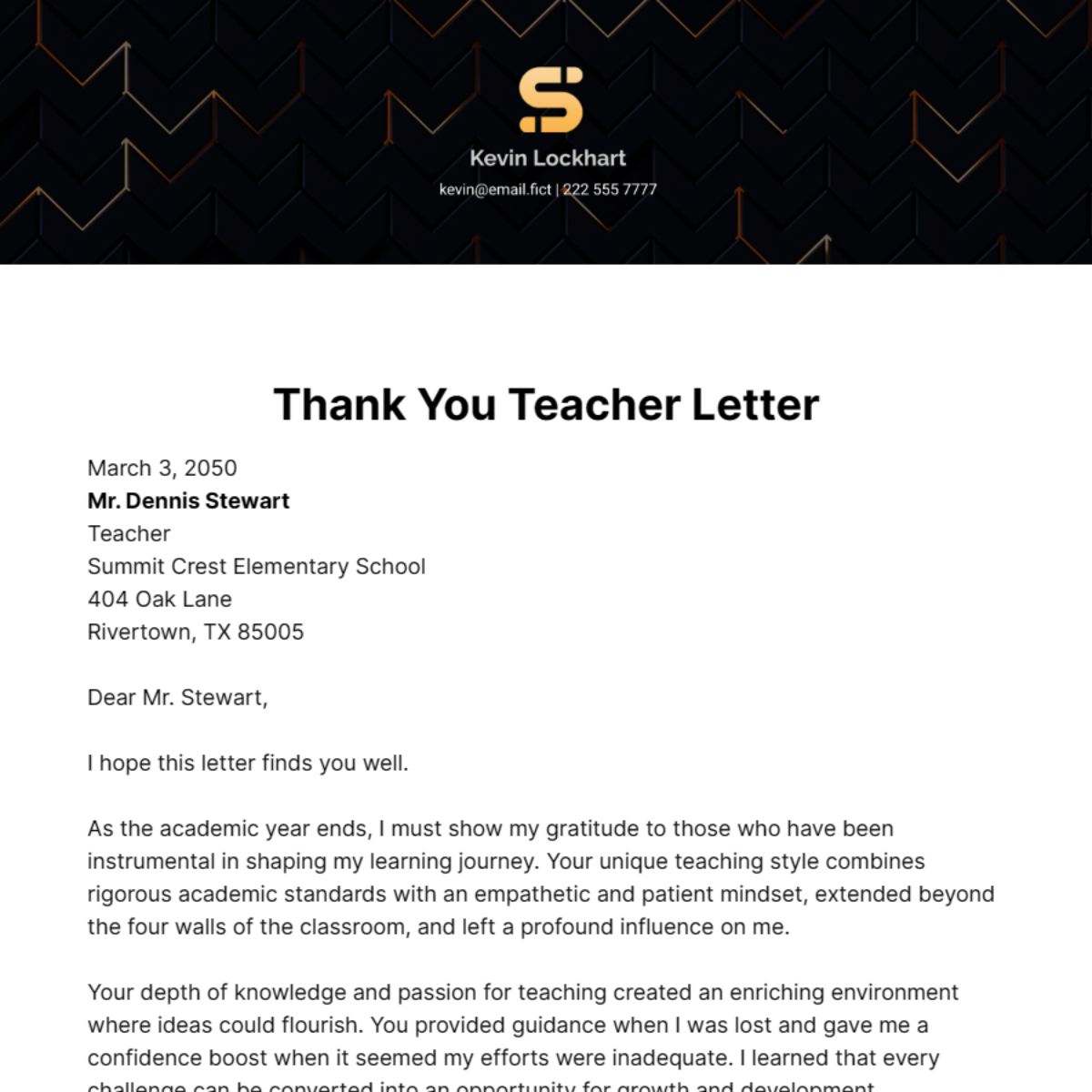 Thank You Teacher Letter Template