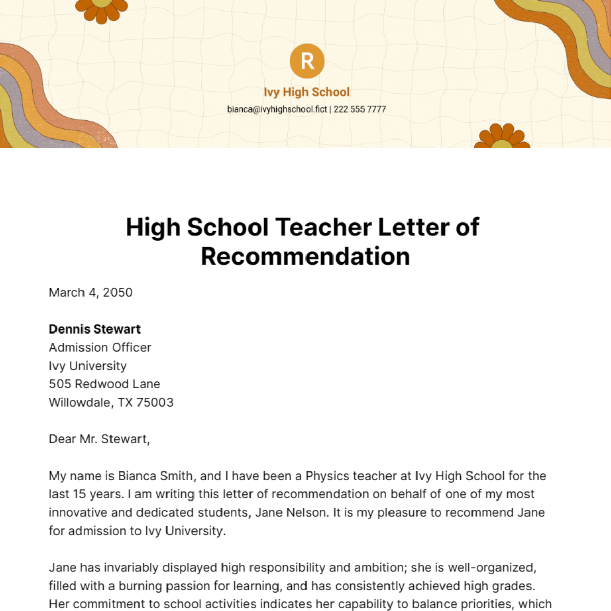 High School Teacher Letter of Recommendation Template
