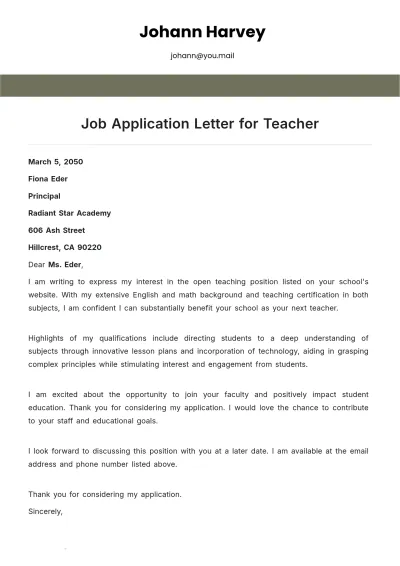 Free Job Application Letter for Teacher Template to Edit Online