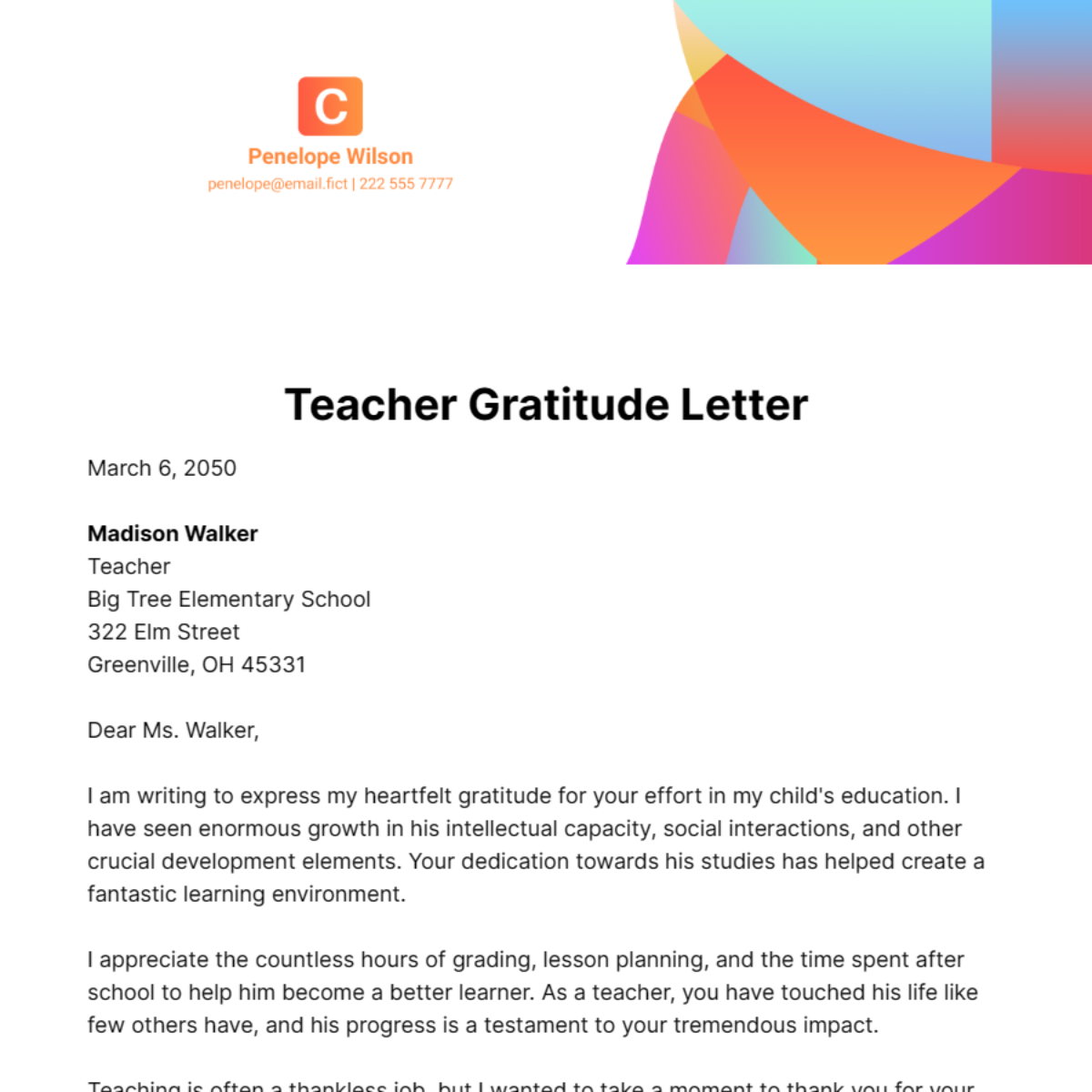 Teacher Gratitude Letter Template