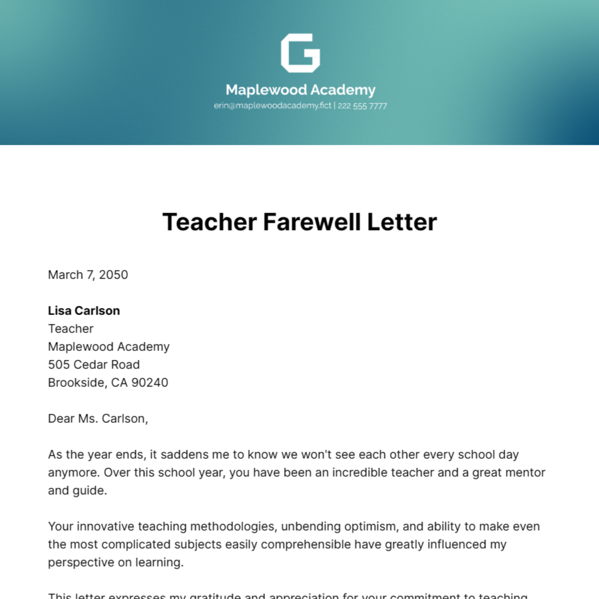 Teacher Farewell Letter Template