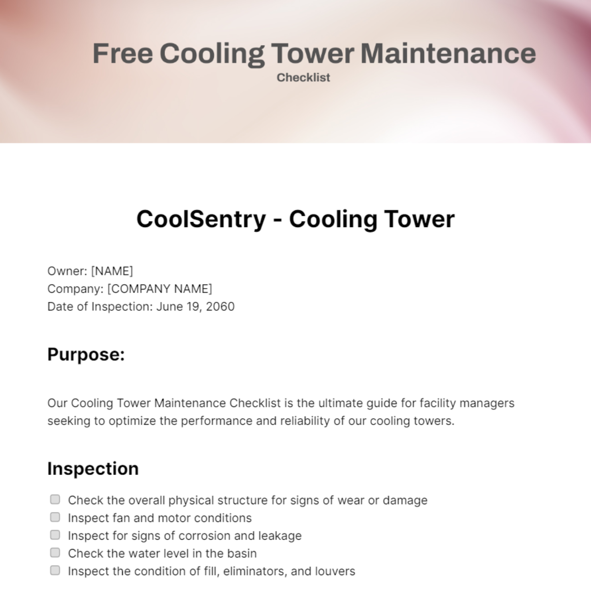 Free Cooling Tower Maintenance Checklist Template