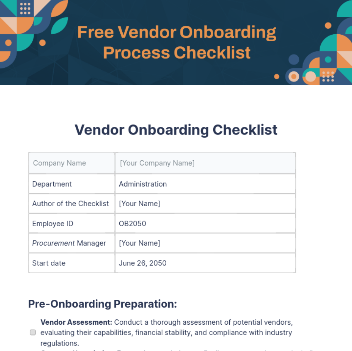 Free Vendor Onboarding Process Checklist Template