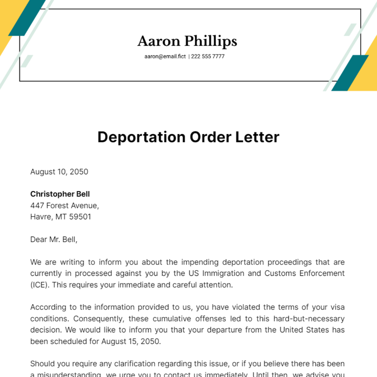 Deportation Order Letter Template