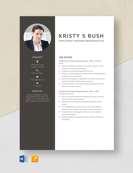 Free Employment Program Representative Resume Template - Word, Apple Pages