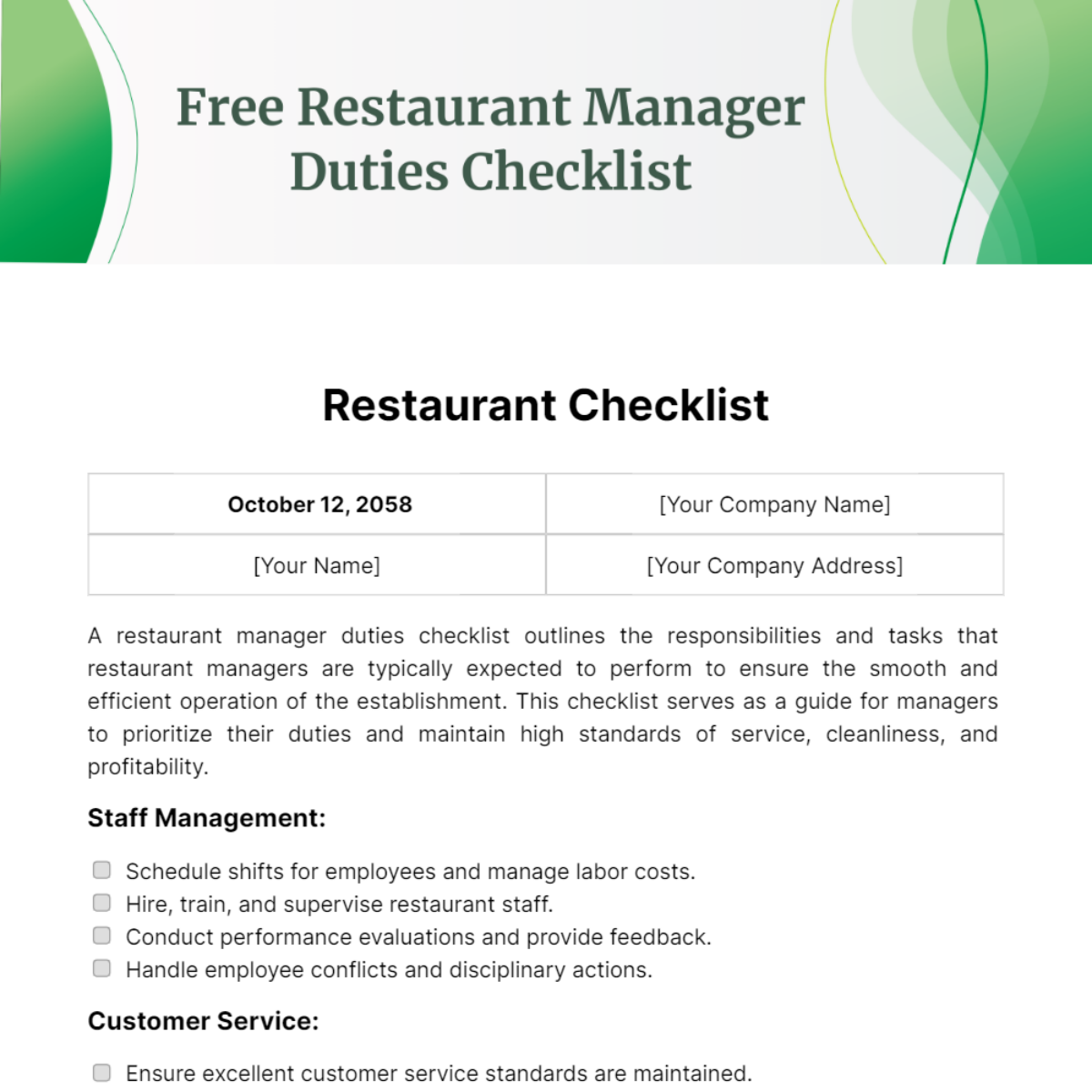 Restaurant Manager Duties Checklist Template 