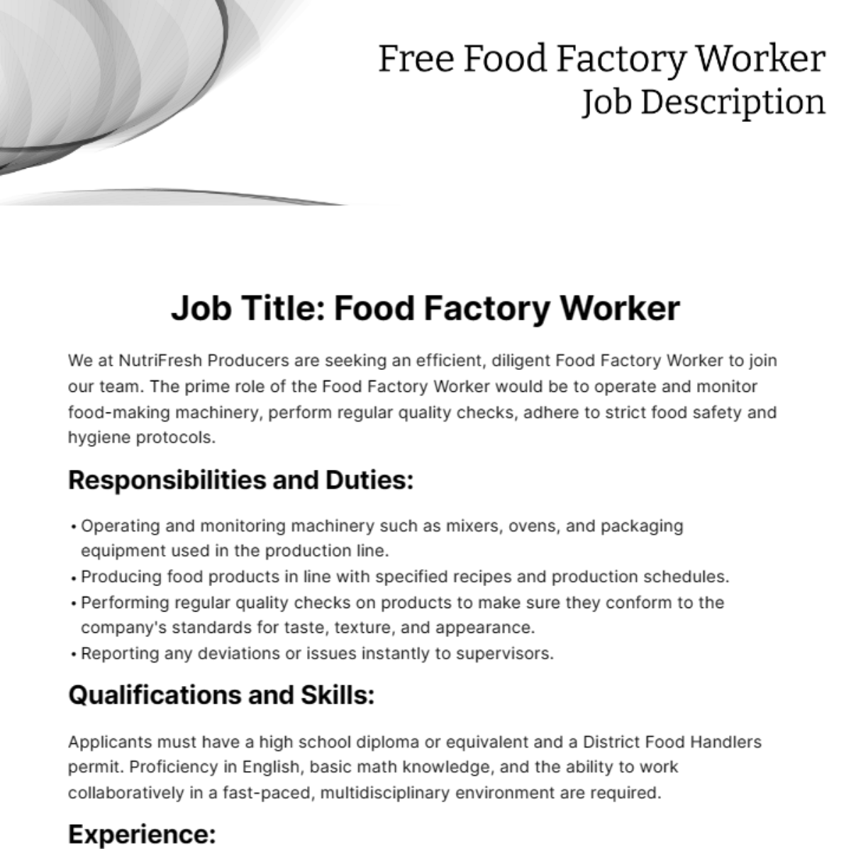 Free Food Factory Worker Duties and Responsibilities Template