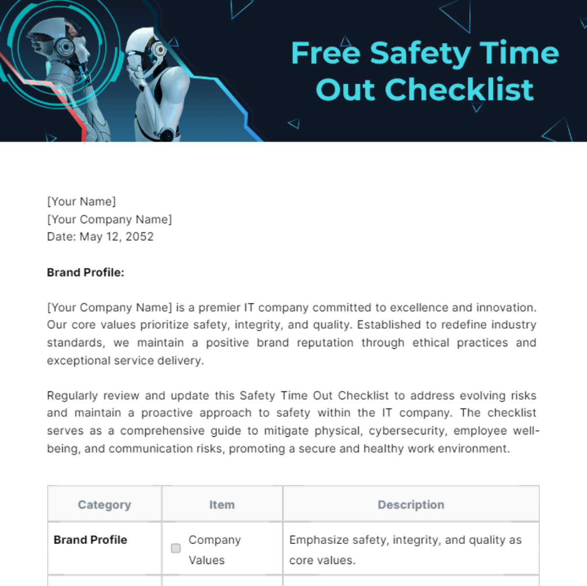 Free Safety Time Out Checklist Template
