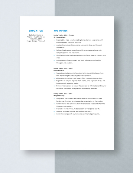 Equity Trader Resume Template