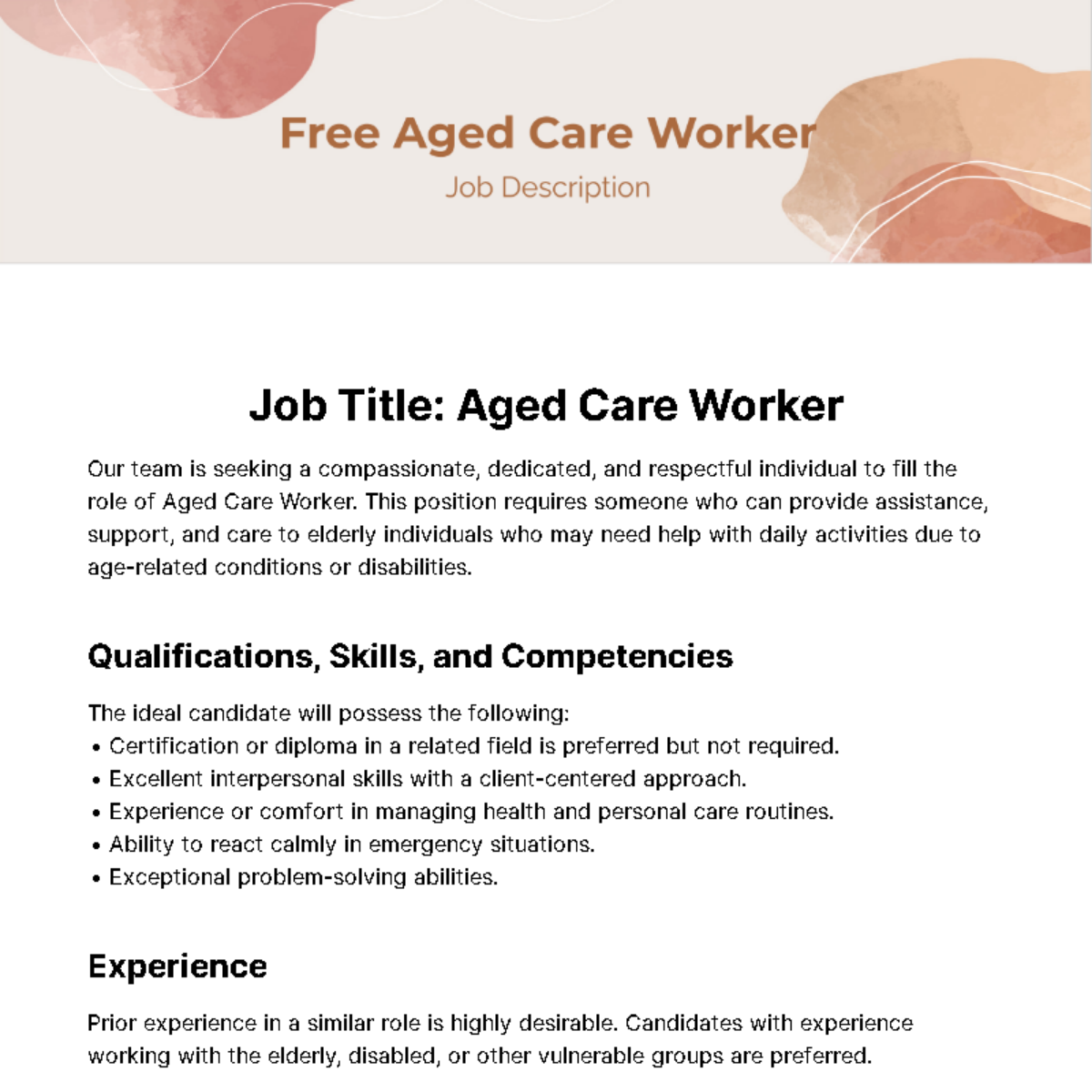 Aged Care Worker Job Description Template