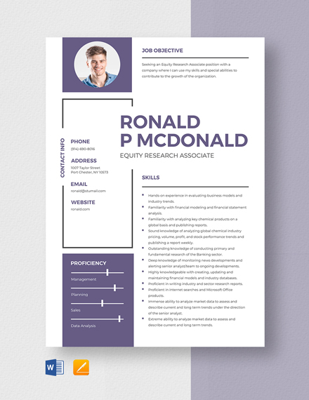 Free Equity Research Associate Resume Template - Word, Apple Pages