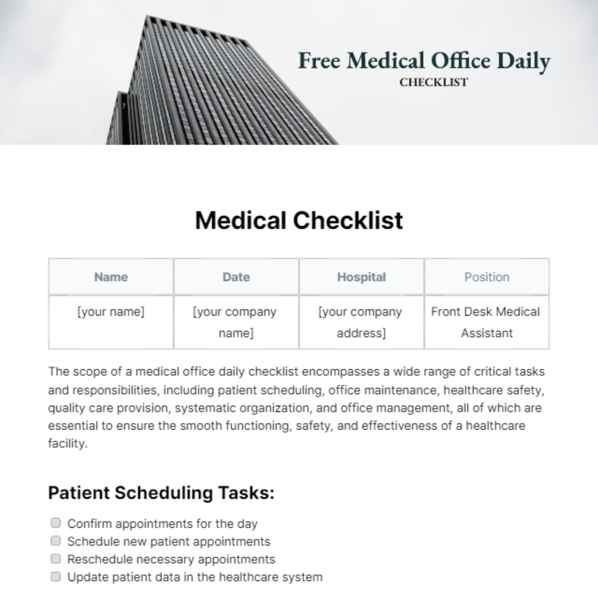 Medical Office Daily Checklist Template