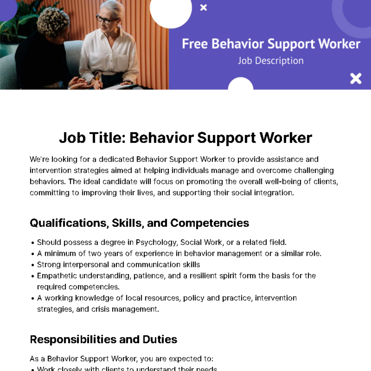 Behaviour Support Worker Job Description Template