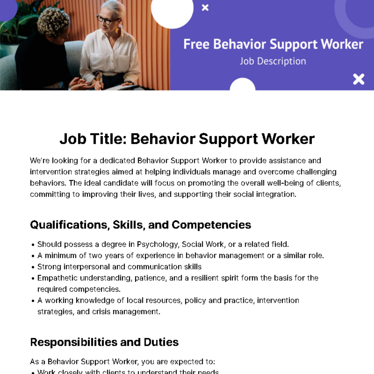 Behaviour Support Worker Job Description Template Edit Online 