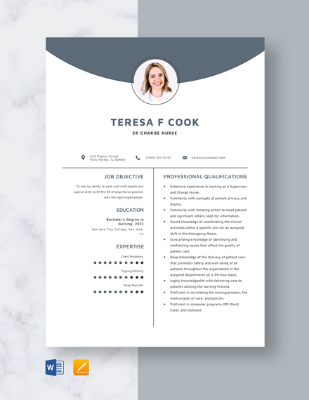 ER Charge Nurse Resume Template - Word, Apple Pages