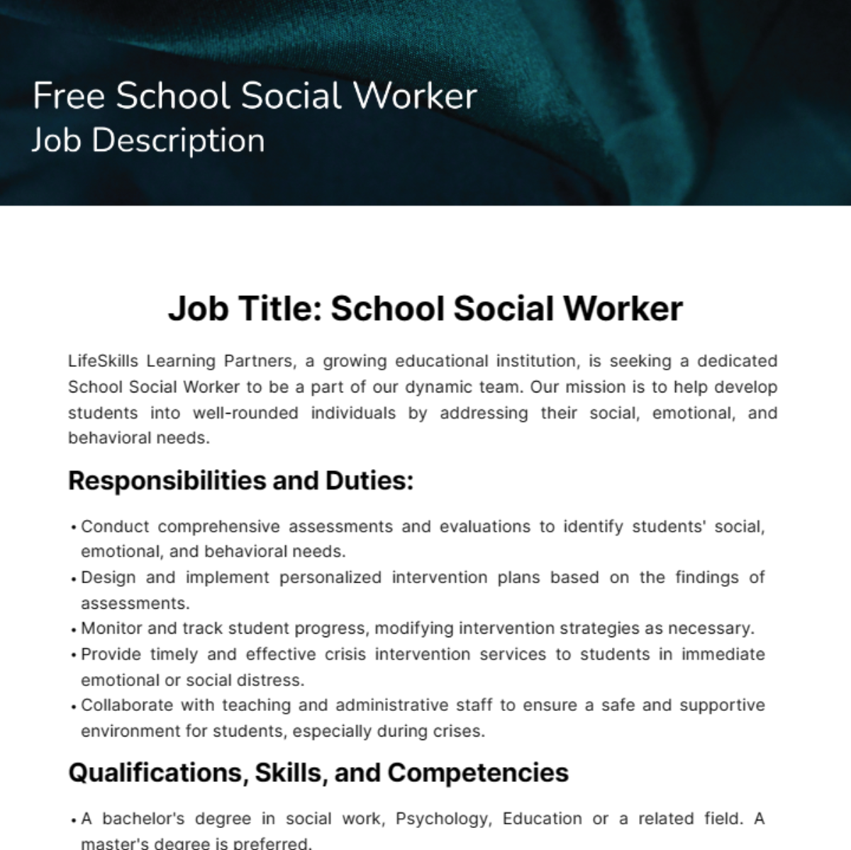 Free School Social Worker Job Description Template