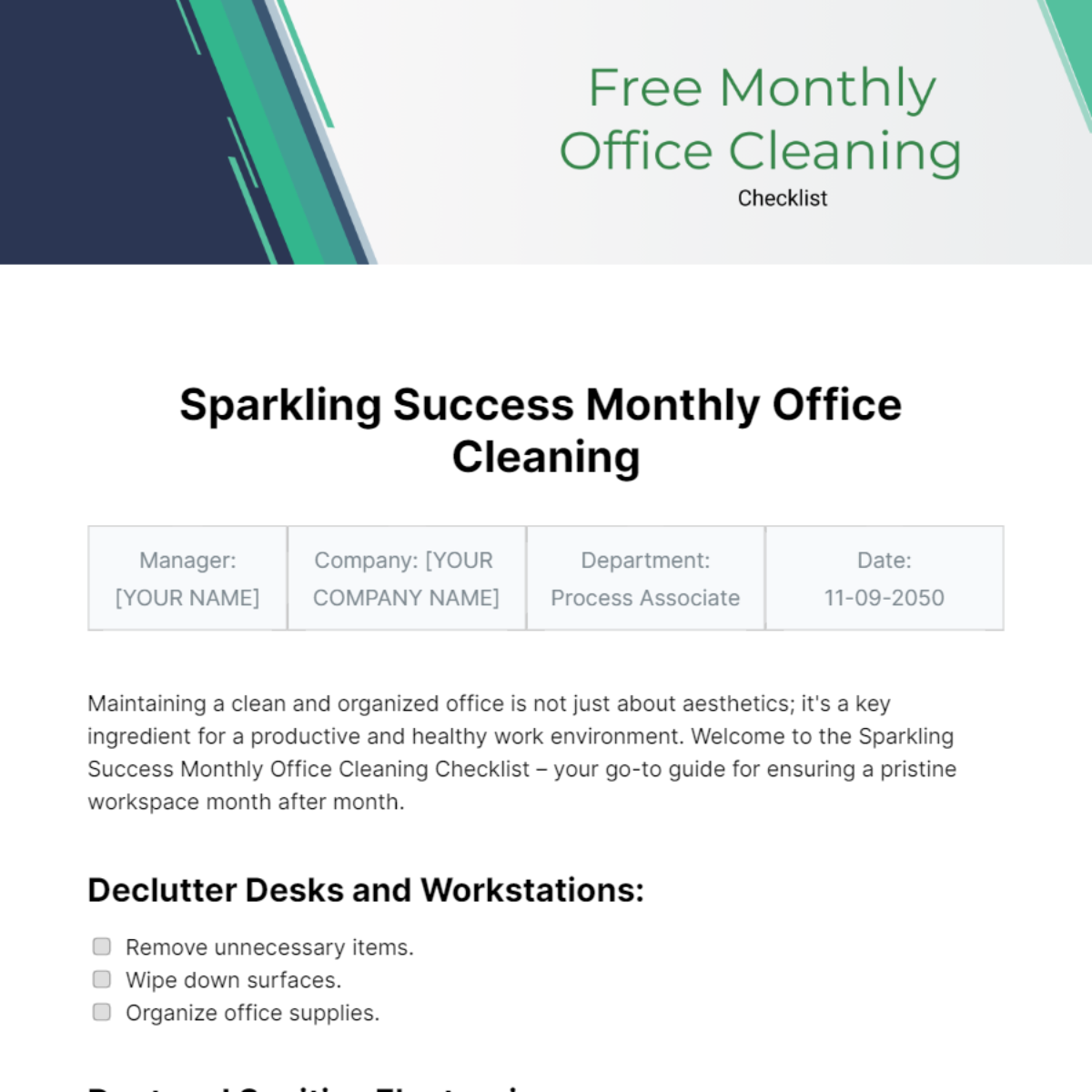 Monthly Office Cleaning Checklist Template