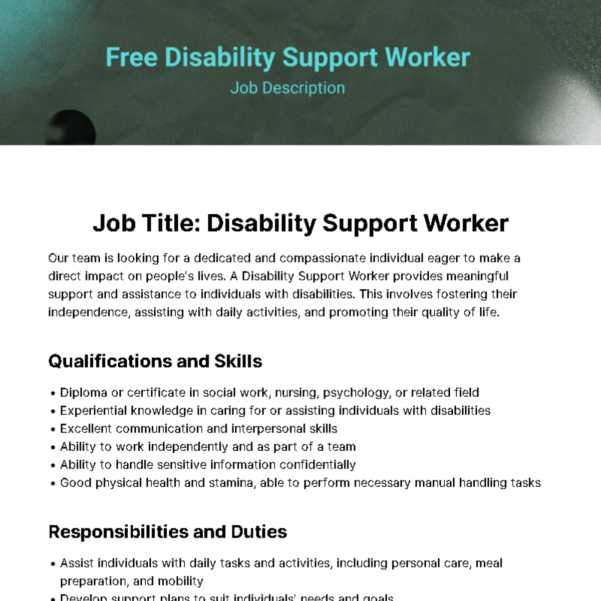 Free Disability Support Worker Job Description Template
