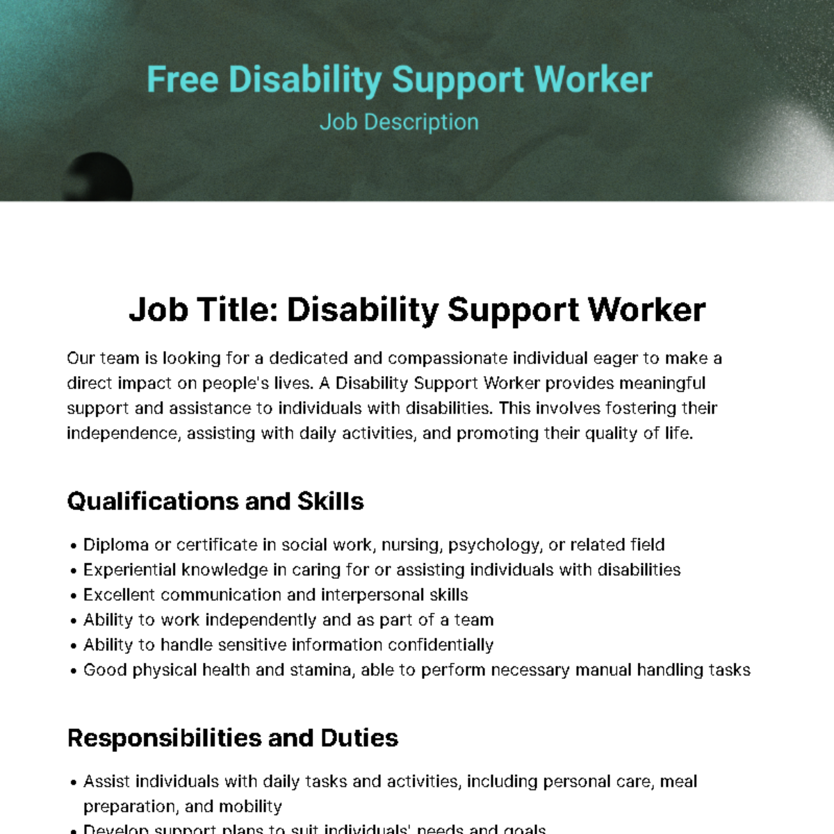 Disability Support Worker Job Description Template Edit Online 