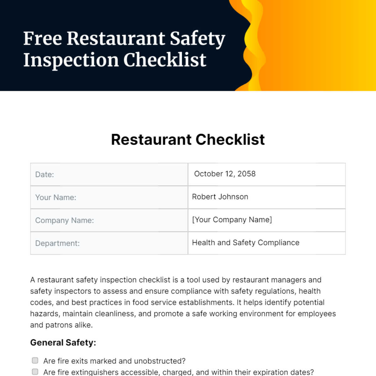 Restaurant Safety Inspection Checklist Template 