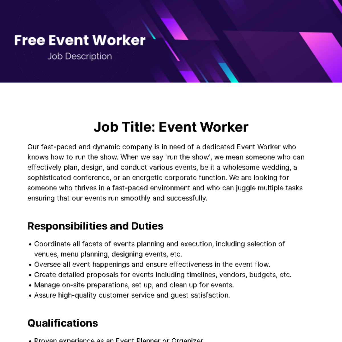 Free Event Worker Job Description Template