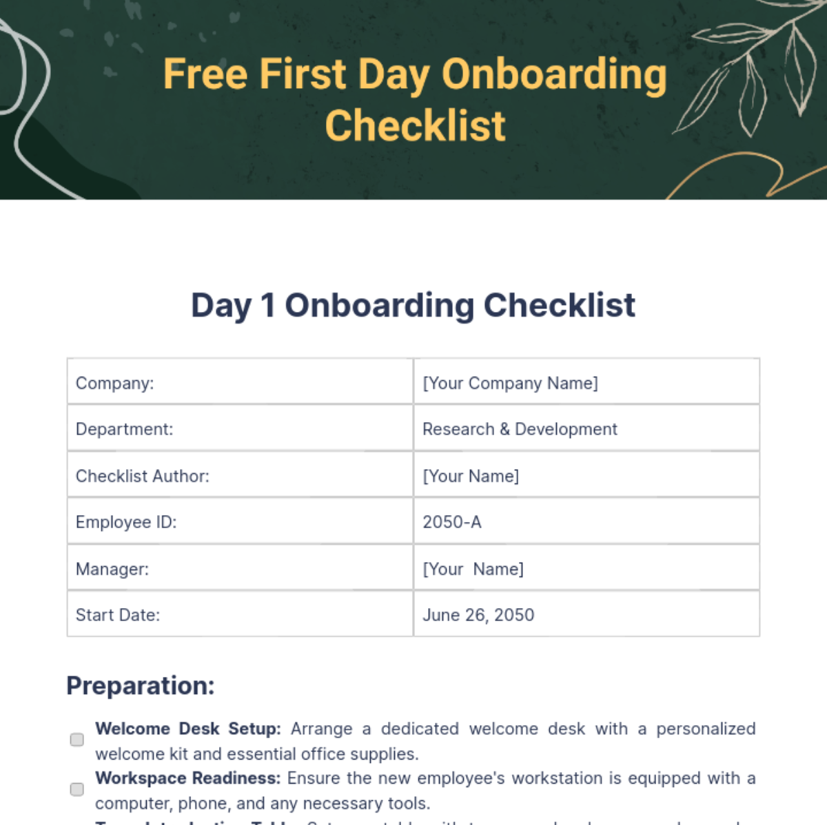 First Day Onboarding Checklist Template